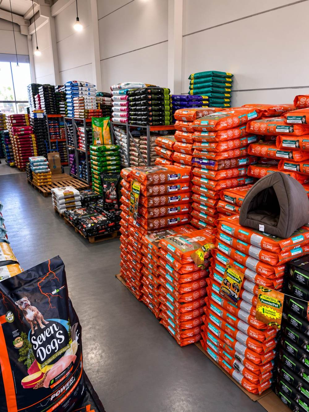 Pilhas de sacos de ração para cães organizadas no setor de rações da loja.