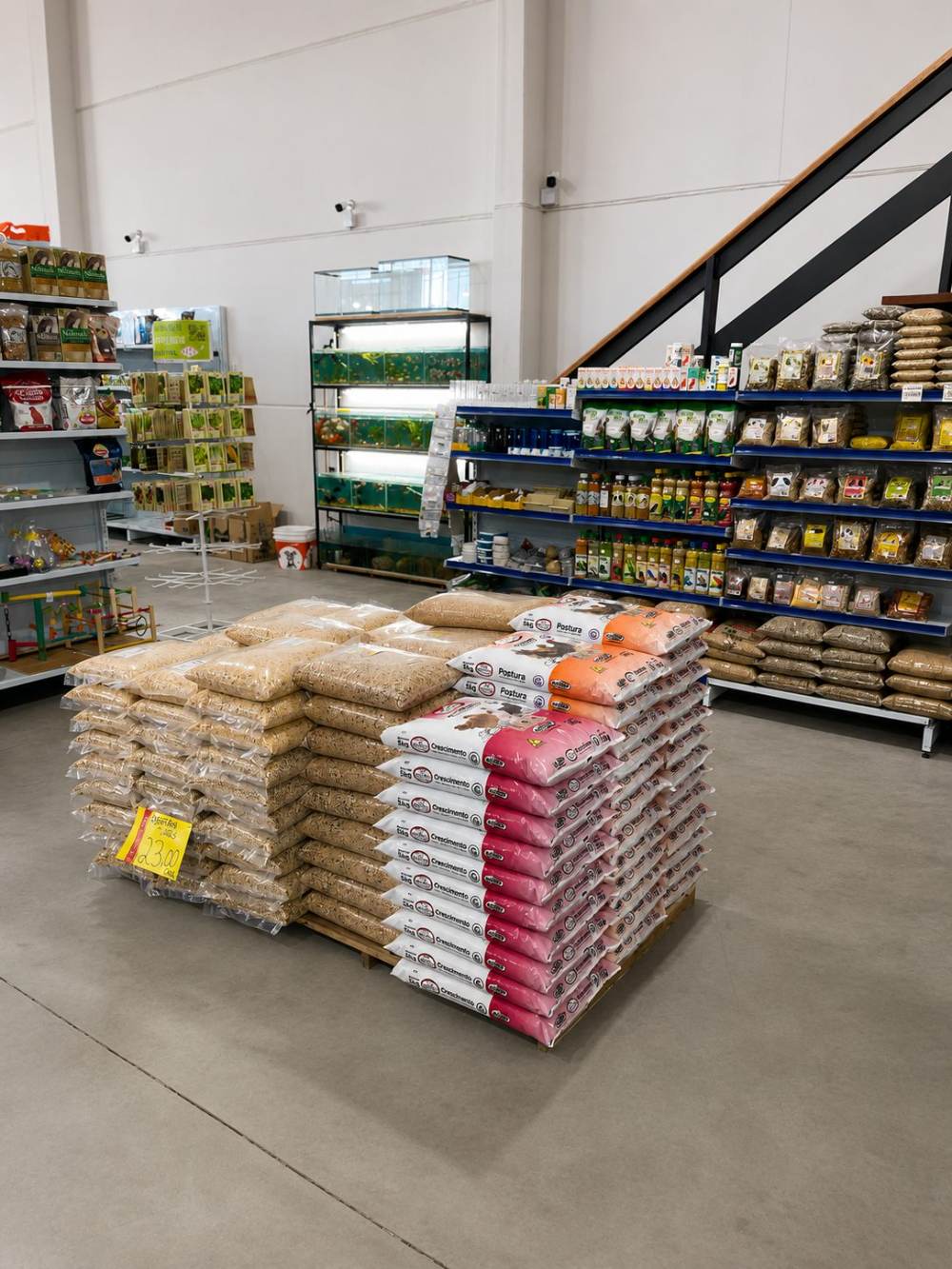 Setor com sementes, alimentos e acessórios para aves ao lado da área de aquarismo.