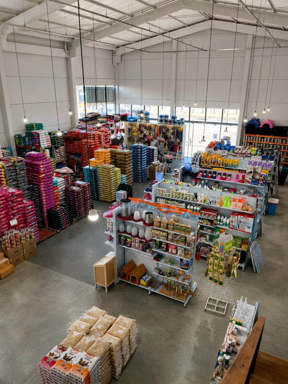 Visão ampla do salão da nova loja vista de cima, mostrando corredores e setores organizados.